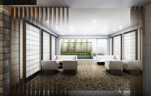 Shared facilities.  [Entrance hall] Stone walls and glass different materials has finished in Yingbin space of sophistication to each other resonance. Non-daily continuous space, such as flutter, Guests and owners from the entrance to the back of the lounge brilliant invites (Rendering)