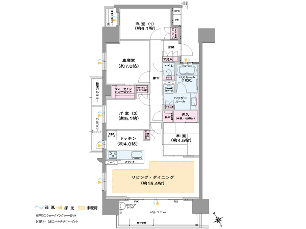 Room and equipment. A type / 4LDK + WIC + N (storeroom), Occupied area / 94.06 sq m , Balcony area / 15.86 sq m , Balcony area / 4.07 sq m . Bright corner dwelling unit of freedom to draw privacy emphasis on each of the lifestyle / A type floor plan