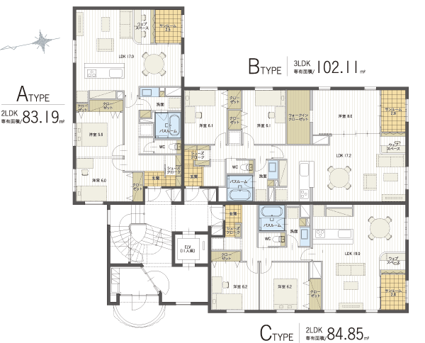 Room and equipment. Including the 3LDK102.11 sq m, All 9 units 3 House of 1 floor. Because of the inner corridor, When you enter a shared entrance, Even once you go to the door to door to not go out (floor layout)