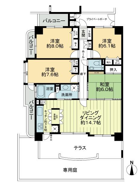 Floor plan. 4LDK, Price 17.8 million yen, Footprint 101.64 sq m , Balcony area 12.21 sq m