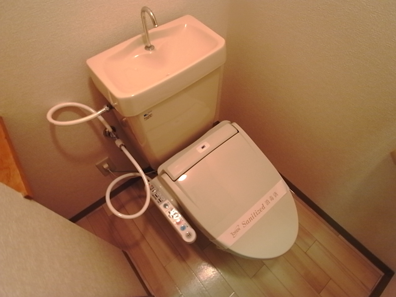 Toilet. There is warm water washing toilet seat