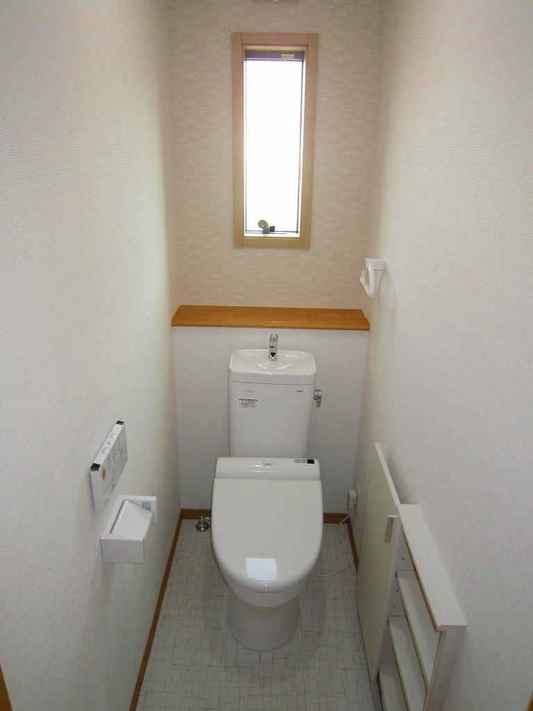 Toilet. Wall store is convenient for storage of cleaning tools and toilet paper
