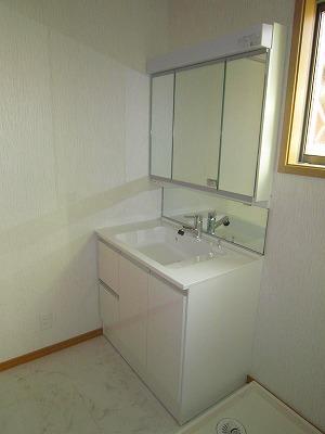 Wash basin, toilet. Vanity with a three-sided mirror