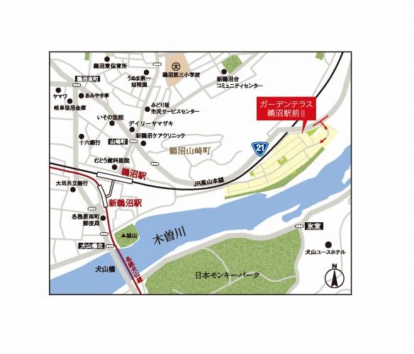 Local guide map. JR Takayamasen "Unuma" station About 960m (walk about 12 minutes), Meitetsu Inuyama Line ・ Kagamigaharasen "New Unuma" station About comfortable access of 11120m (walk about 14 minutes). 