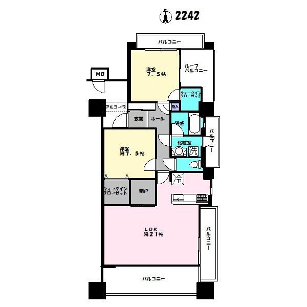 Floor plan. 2LDK, Price 24,800,000 yen, Occupied area 84.37 sq m , Balcony area 28.47 sq m