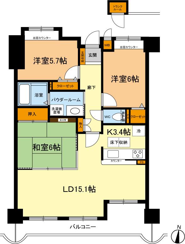 Floor plan. 3LDK, Price 12.8 million yen, Footprint 76.3 sq m , Balcony area 11.84 sq m