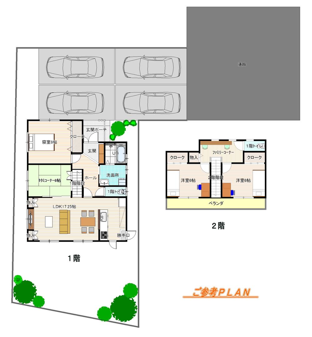 Compartment view + building plan example. Building plan example, Land price 11,320,000 yen, Land area 249.47 sq m , Building price 15.5 million yen, Ensure the main bedroom in the building area 110.13 sq m 1 floor. Parking is also available to four.  ※ For reference plan, Please note that prices vary in specifications and equipment. 