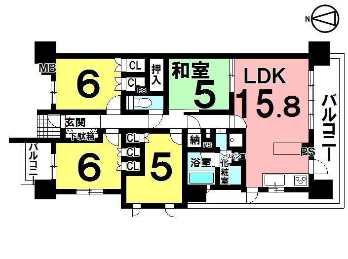 Floor plan. 4LDK, Price 22,800,000 yen, Occupied area 77.71 sq m , Balcony area 24.34 sq m