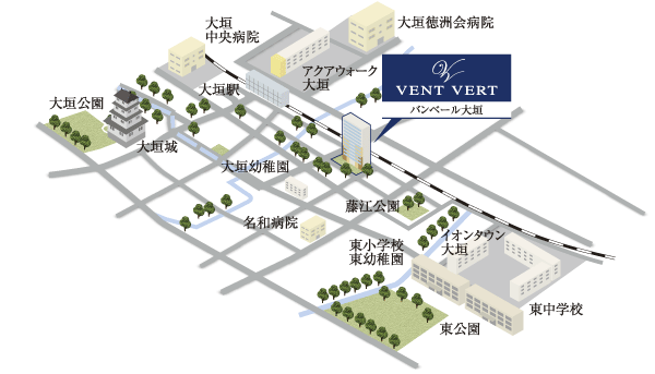 Surrounding environment. Ogaki Station 5-minute walk, Ion Town walk 7 minutes, Aqua Walk 7 minutes walk. Including the station near commercial facilities, Within walking distance to the convenience facility is convenient living environment that aligned (local peripheral Illustration)