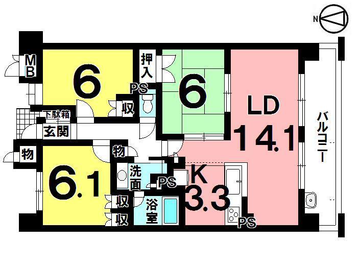 Floor plan. 3LDK, Price 16.3 million yen, Occupied area 74.19 sq m , Balcony area 13.32 sq m