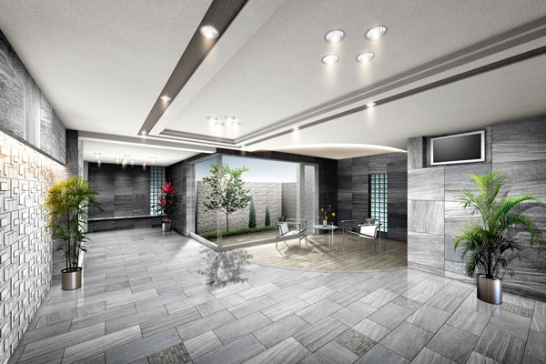 Shared facilities.  [Entrance hall] It makes me feeling fine living sophisticated Yingbin space. Overlooking the miniature garden through the glass, In the entrance hall, Installing a lounge space which can be used, such as in chat or meeting. Dignity is a drift hotel-like appearance (Rendering)