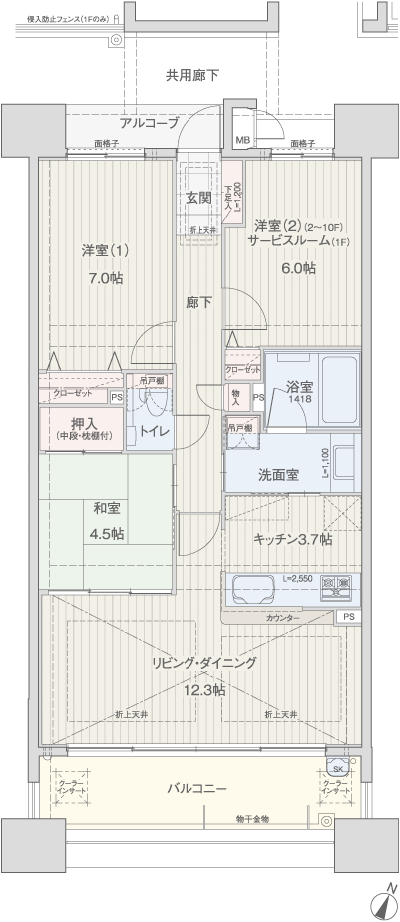 Floor: 3LDK ・ 2LDK + service room, the area occupied: 73.6 sq m, Price: 1980 yen