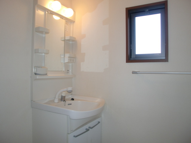 Washroom. Clean shampoo wash basin, Lavatory with a window