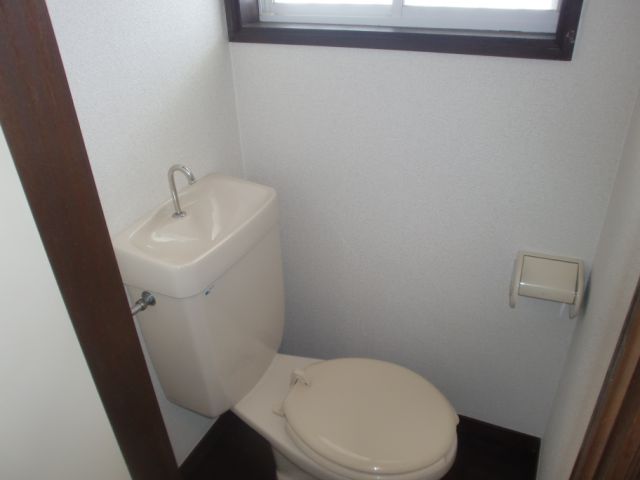 Toilet. With window. It is a simple toilet. 