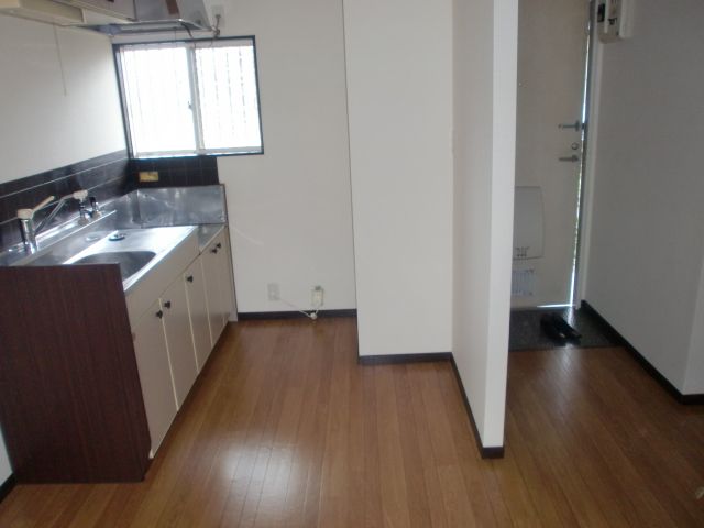 Kitchen. Small window with kitchen. There is also a wall to hide around the water from the front door.