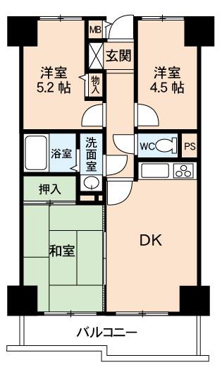 Floor plan. 3DK, Price 4.9 million yen, Occupied area 53.73 sq m , Balcony area 8.09 sq m