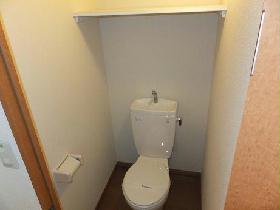 Toilet. There is the upper storage shelves. 
