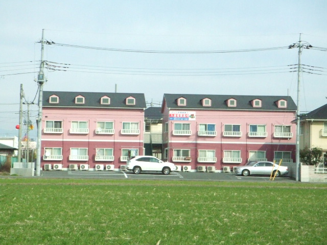 Building appearance. It is a cute pink building