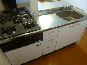 Kitchen. Gas stove 3-neck. Also it comes with a grill