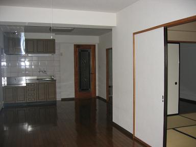 Living and room. The walls around the kitchen is tiled