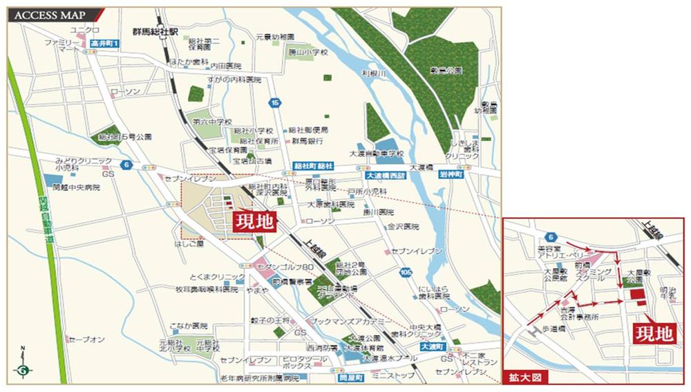 Local guide map. Slightly recessed a quiet residential area than the main road. Located near to the prefectural road Route 6, Access is also good. It was blessed with commercial facilities such as convenience stores and drug stores, Guests can indulge in a rich living environment. 