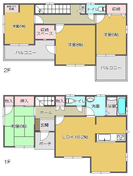 Floor plan. 21,800,000 yen, 4LDK + S (storeroom), Land area 263.34 sq m , Building area 104.74 sq m Zenshitsuminami direction, There are housed in each room, Is a good floor plan easy to use.  LDK is, And the kitchen front easy to dining Japanese-style side placement of the living and furniture, It is good hits yang advantage because the part that faces the south is long from east to west