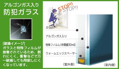 Security equipment. And crime prevention laminated multi-layer glass, Two is a double-layer glass sandwiching a transparent special intermediate film between the glass. Because it has excellent penetration resistance, To demonstrate a very high effect in the glass breaking (1 Kaikyoshitsu ・ Adopted on the second floor of the part of the window) (same specifications)