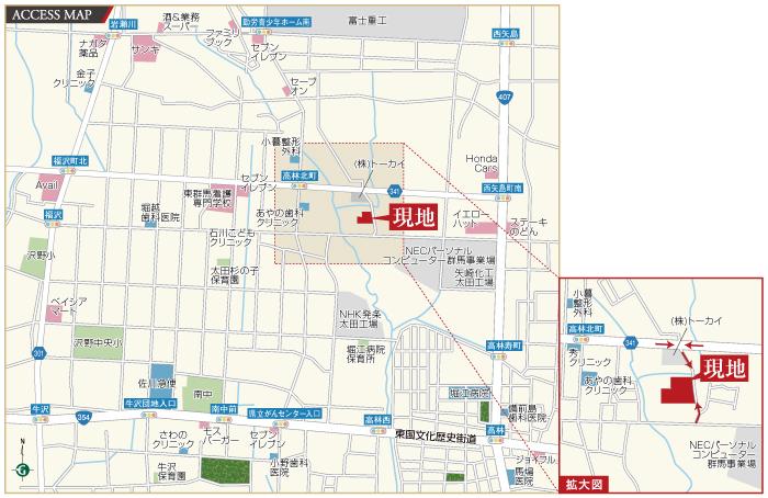 Local guide map. Slightly recessed a quiet residential area than the main road. National Highway 407 Highway ・ Located near the 354 Highway, Also good access to the city center. Also commercial, Educational facilities near, Is a useful area no shortage in daily life. 