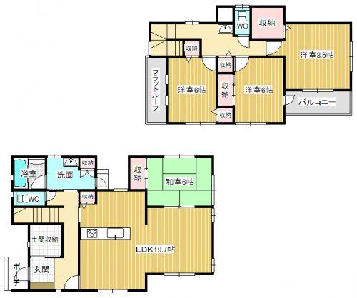 Floor plan. 29,900,000 yen, 4LDK, Land area 211.88 sq m , Building area 121.73 sq m Zenshitsuminami direction! LDK whopping 19.7 Pledge! 