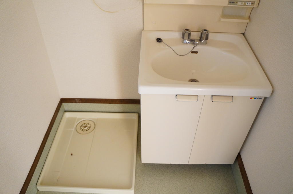 Washroom. With in-room washing machine storage