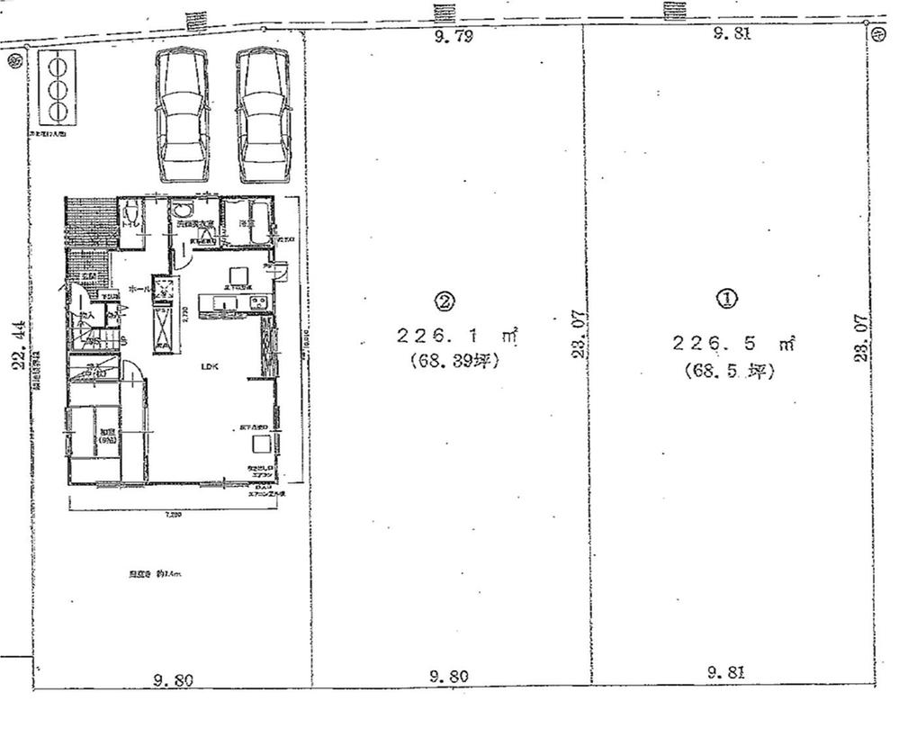 Compartment figure. Land price 28,400,000 yen, Land area 452.61 sq m compartment view ((1) + (2) is the total area. )