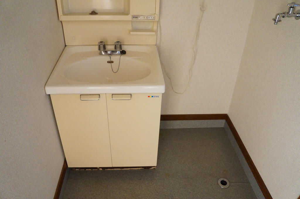 Washroom. With in-room washing machine storage