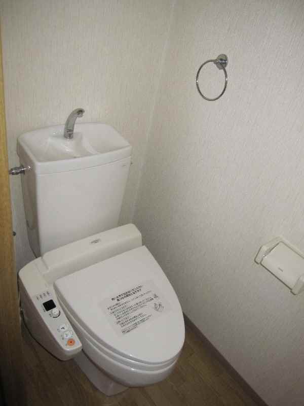 Toilet. Toilet is equipped with shower. 