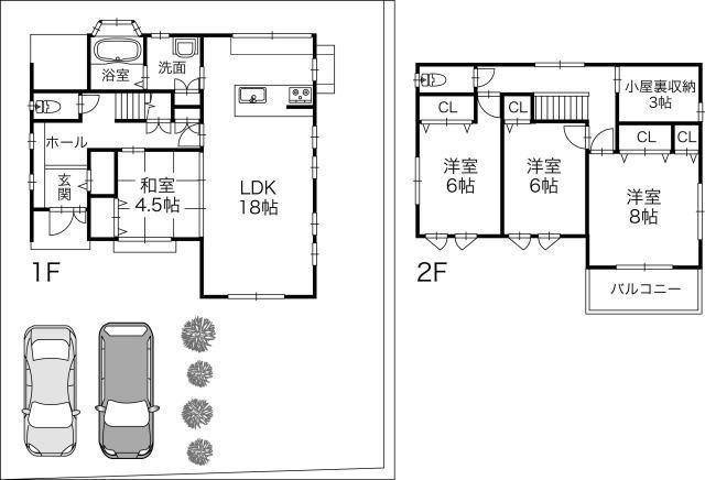 Floor plan. 21.9 million yen, 4LDK + S (storeroom), Land area 188.96 sq m , Parking space and garden is the space of the room in the building area 107.64 sq m spacious grounds.
