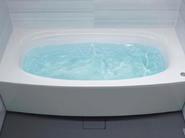 Bathing-wash room.  [Bow soaking bathtubs] Curve that projects on a washing place will show a tub broadly carefree, Bathtub opening who lost a corner, Friendly form, such as inviting people. (Same specifications)