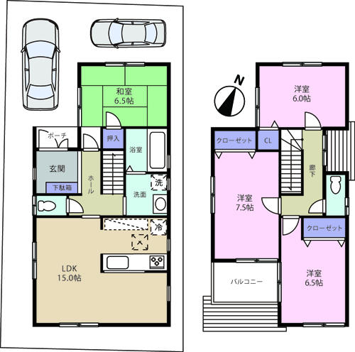 Floor plan. 37,800,000 yen, 4LDK, Land area 102.44 sq m , Building area 96.39 sq m LDK15 Pledgeese-style room 6.5 quires, Western-style 7.5 Pledge, Western-style 6.5 Pledge, Western-style 6 Pledge