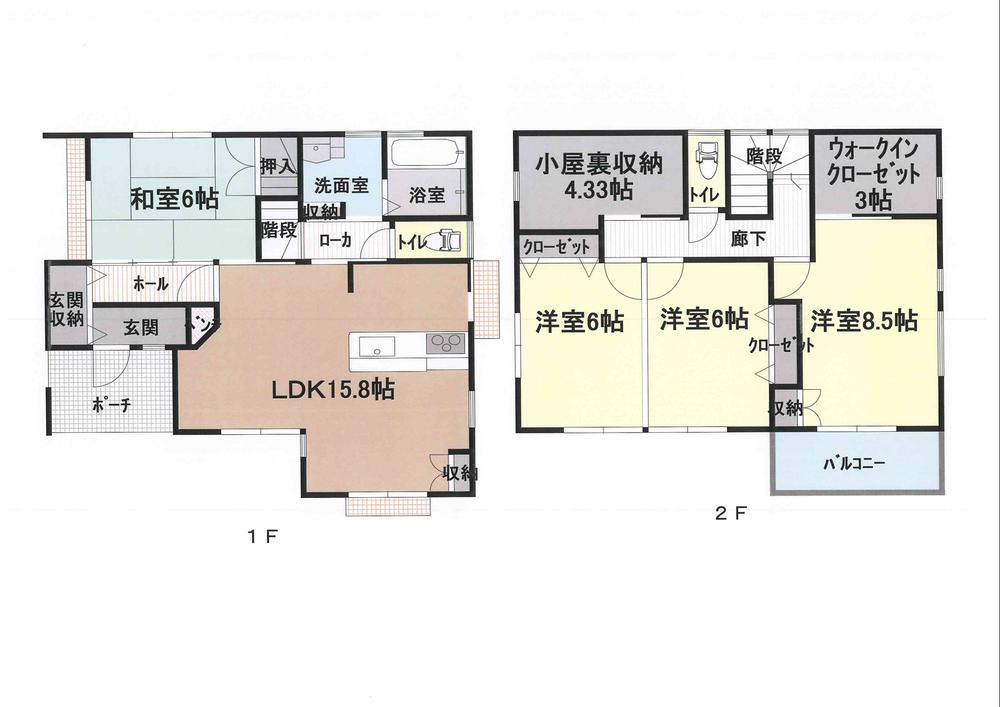 Floor plan. 25,170,000 yen, 4LDK + 2S (storeroom), Land area 147.89 sq m , Building area 107.28 sq m large foyer storage, bathroom, dining, Housed in the whole room, Furthermore WIC, Storage and attic storage is plentiful 1 House!