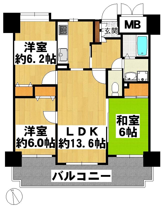 Floor plan. 3LDK, Price 17,900,000 yen, Occupied area 66.54 sq m , Balcony area 13.38 sq m