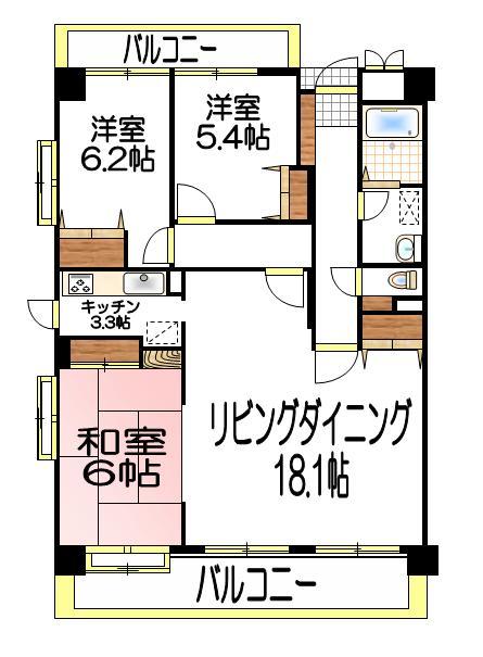 Floor plan. 3LDK, Price 13.8 million yen, Footprint 89 sq m , Balcony area 23.04 sq m