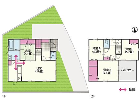 1F 54.00 sq m  2F 49.07 sq m total floor area of ​​103.07 sq m (31.17 square meters) Land area 150.06 sq m (45.39 tsubo / ) Floor Plan