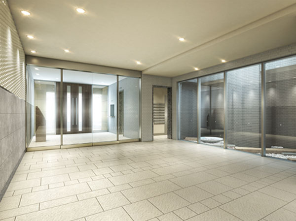 Shared facilities.  [Entrance Hall Rendering] Floor of porcelain tile, It exudes a serene elegance spatial structure such as a wall that gives a simple and elegant impression, Live person, Welcomed gently visitors, It invited me to the home of peace.