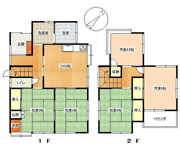 Floor plan. 5.5 million yen, 5DK, Land area 181.28 sq m , Building area 88.29 sq m 1F: DK8 Pledge Japanese-style room 6 quires / 6 Pledge bathroom Wash toilet 2F: Japanese-style room 6 quires Western-style 6 Pledge / 4.5 Pledge