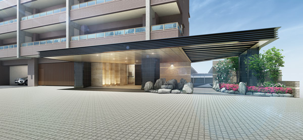 Shared facilities.  [Entrance Rendering] Widely large overhanging eaves entrance. Approach space that has been shaped by natural stone. Imposing impression you feel the style, such as a hotel for people who visit. The closer to the entrance, It is wrapped in security and pride as my home.