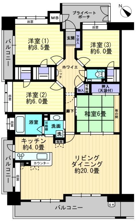 Floor plan. 4LDK, Price 21.9 million yen, Footprint 109.98 sq m , It is 109 sq m more than 4LDK angle dwelling unit of the balcony area 22.89 sq m room!