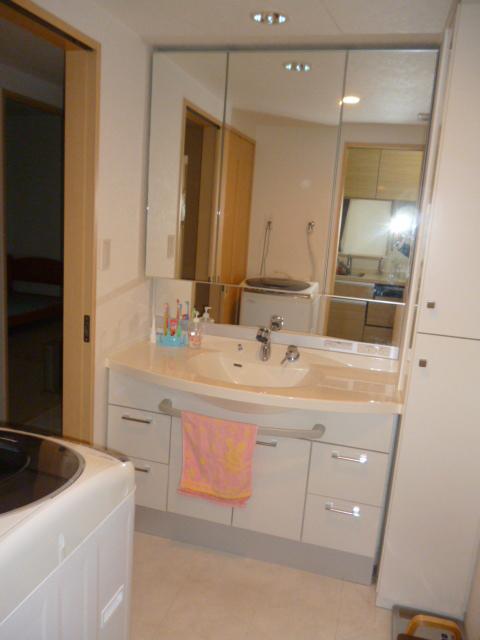 Wash basin, toilet. Impressive vanity large mirror. That's is also happy with shower.