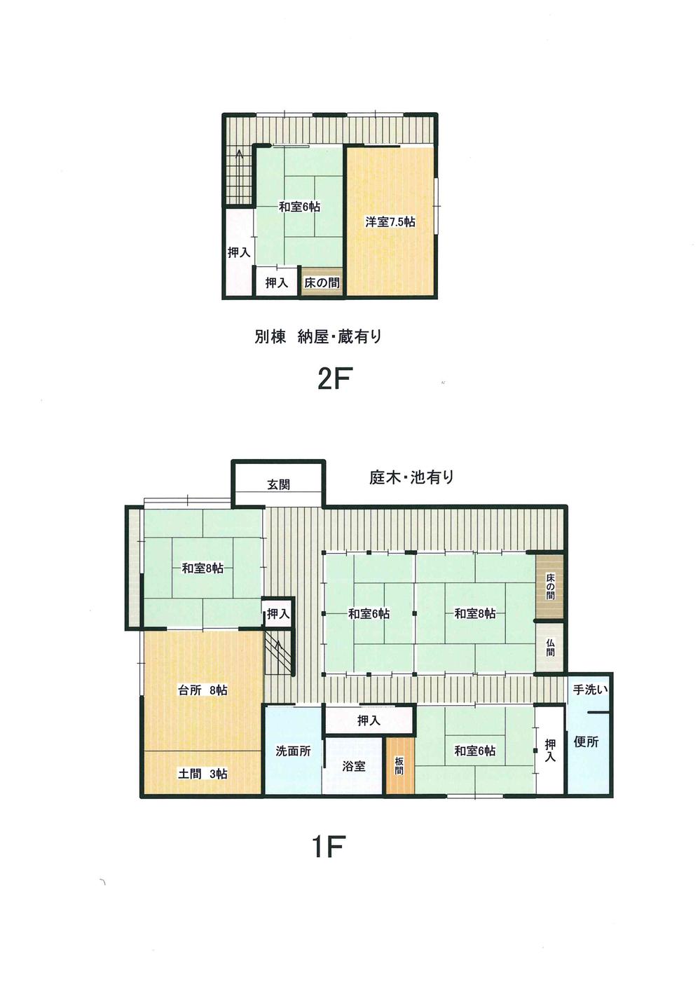 Floor plan. 14.7 million yen, 7DK, Land area 761.99 sq m , Building area 341.87 sq m 1F 6 sum 8 sum 6 sum 8 sum 8 kitchen 3 Doma 2F 6 sum 7.5 Hiroshi