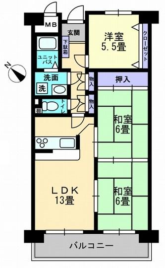 Floor plan. 3LDK, Price 9.4 million yen, Occupied area 65.44 sq m , Is a floor plan of the balcony area 8.96 sq m 3LDK