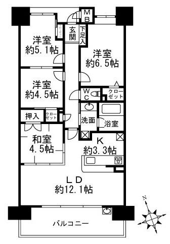Floor plan. 4LDK, Price 19,800,000 yen, Occupied area 76.82 sq m , Balcony area 12.44 sq m