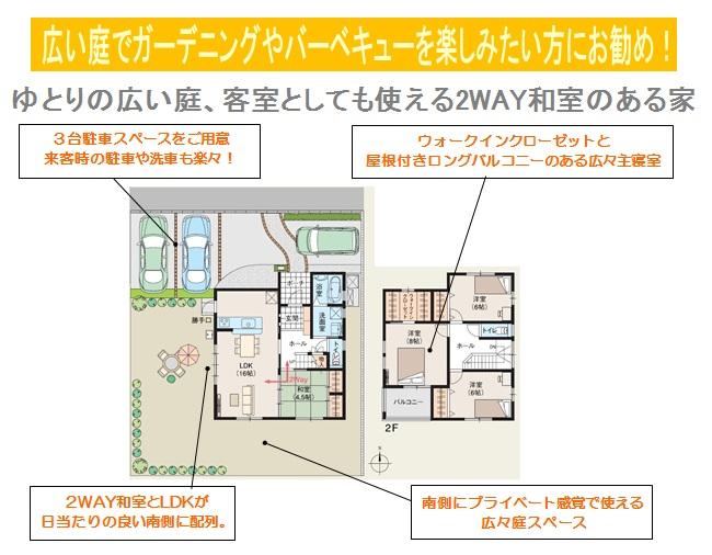 Floor plan. 19.9 million yen, 4LDK, Land area 197.85 sq m , Building area 104.33 sq m 3 cars parking space equipped. Guests can also enjoy a barbecue in the large garden. 