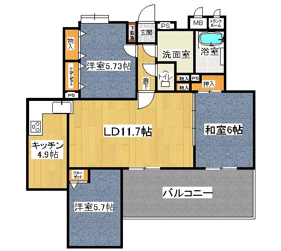 Floor plan. 3LDK, Price 17.3 million yen, Occupied area 73.25 sq m , Balcony area 12 sq m